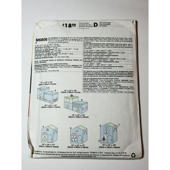 McCall's Sewing Pattern M6806 Toy Storage Boxes Uncut - Picture 2 of 2